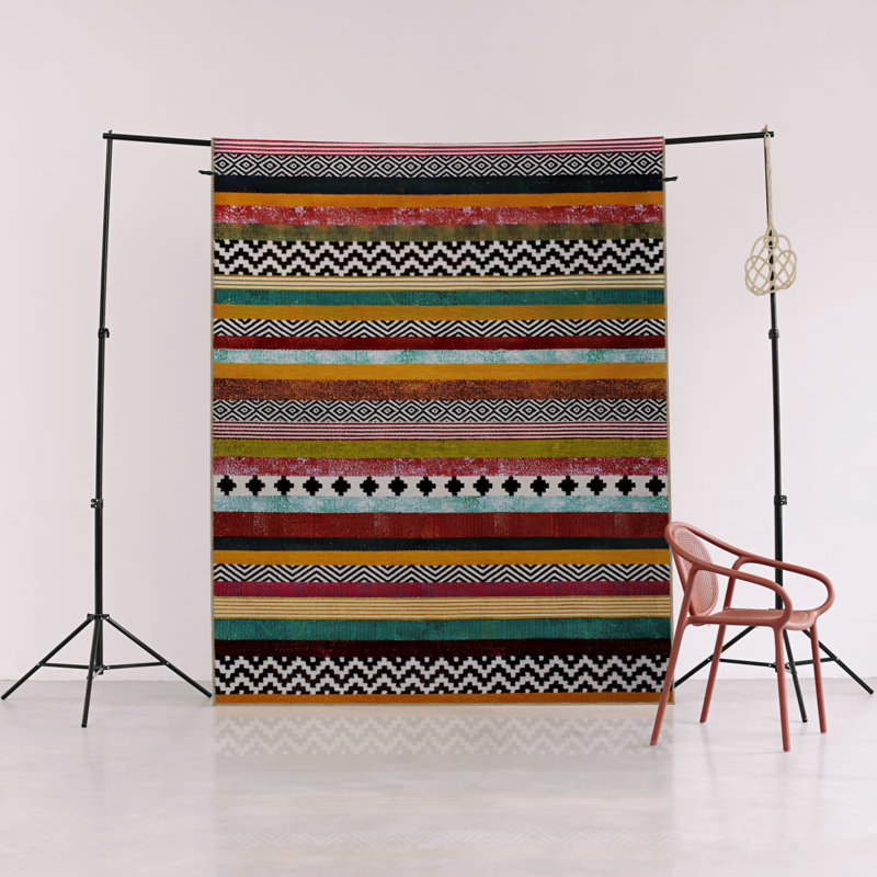 Multicolor Stripe Line Sectioned Abstract Shape Pattern Modern Decorative Rug, Rectangle 5'1.02" x 7'6.55"
