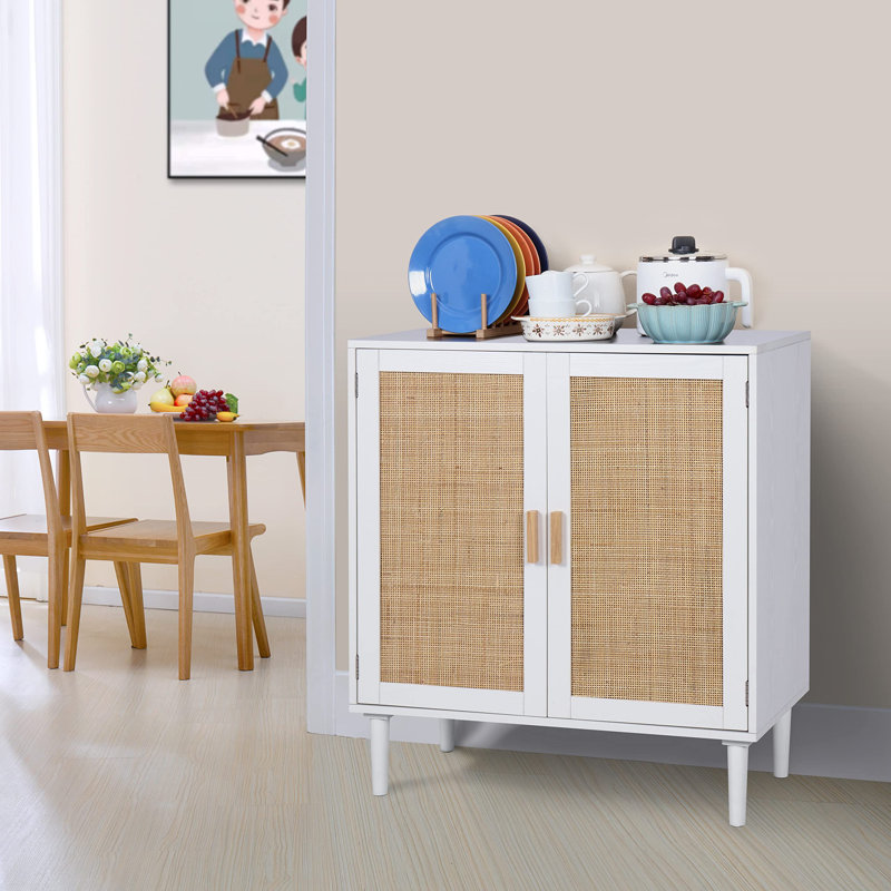White and Natural Rattan 2-Door Sideboard Buffet Cabinet