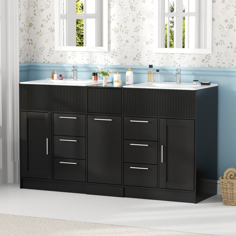 60" Modern Black Freestanding Double Sink Bathroom Vanity Set with Integrated Sinks and Storage, Black
