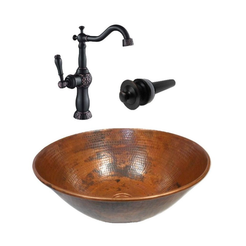 14" Round Vessel Bath Sink, Matching Faucet & Drain Included, Copper/Natural