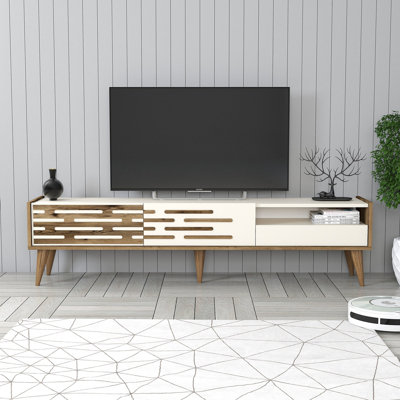 Meuble télé moderne avec tablettes, noyer et crème, 70,9 po x 13,8 po x 27,6 po | 100% panneau de particules enduit de mélamine, épaisseur: 0,7 pouce | Design scandinave élégant, poignées et pieds en plastique, grand espace de rangement