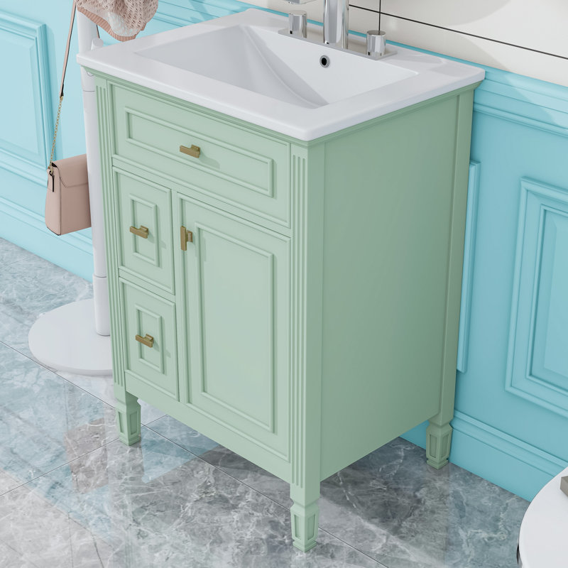 Meuble-lavabo avec lavabo, tiroirs et tablette réglable, Vert