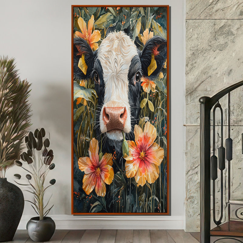 Peinture sur toile de vache Kenniya - Hibiscus, H 60 po x l 28 po, Brun, Impression encadrée flottante