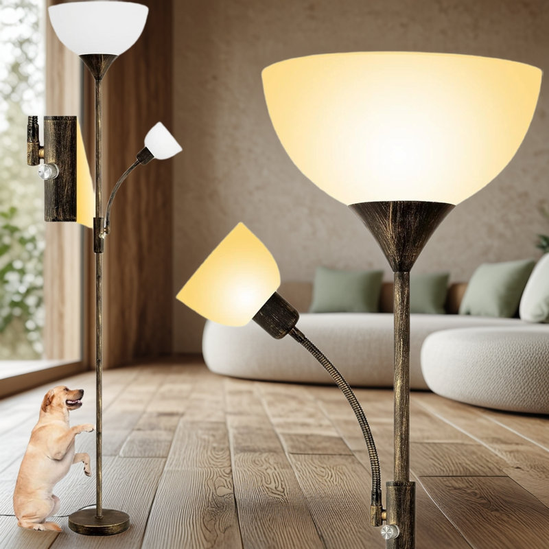 Dual-Head Floor Lamp With Adjustable Reading Light, 3-Way Switch, For Living Room, Bedroom, Or Office, Dark Brown