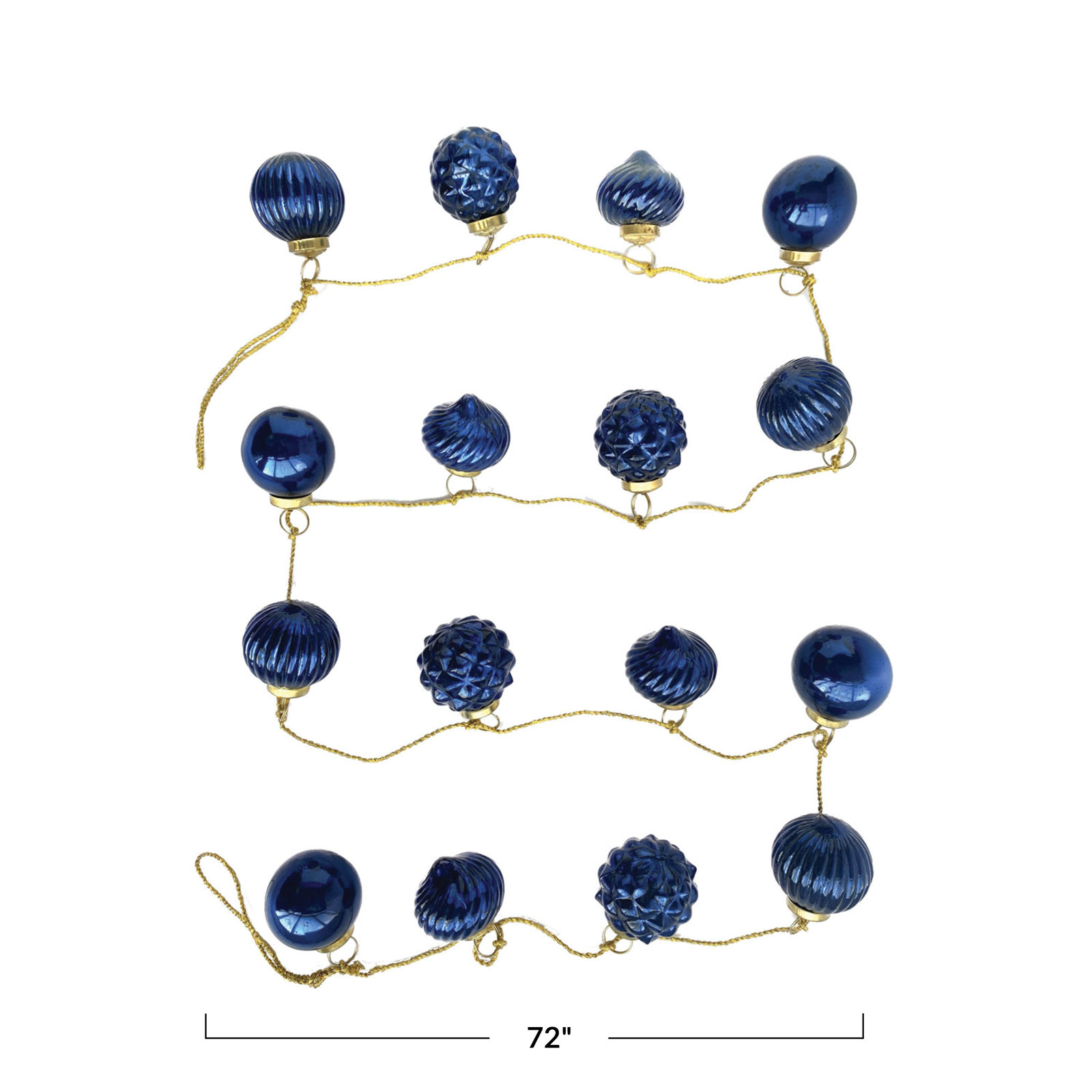 Embossed Mercury Glass Ornament Garland With Gold Cord, Blue