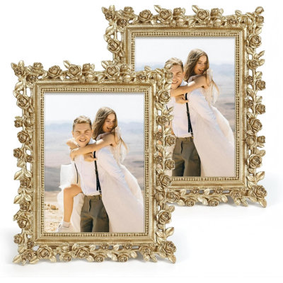 Cadre de mariage, cadre photo décoratif avec support pour tablette de table, cadre photo floral en laiton antique (doré / paquet de 2)