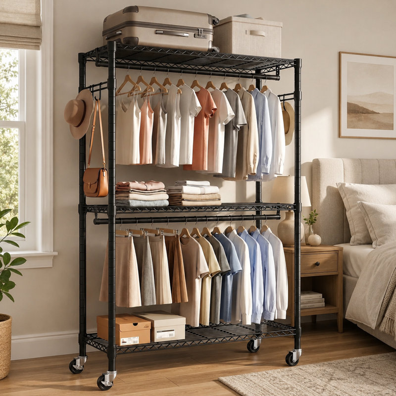 Portant à vêtements robuste avec 3 tablettes, 2 tringles de suspension, crochets latéraux et roulettes verrouillables, organisateur de garde-robe autoportant