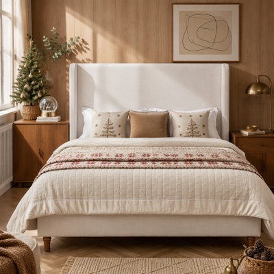 Harper Tall Headboard Upholstered Bed / 54" High Headboard / Elegant Simplicity  / No Box Spring Needed / Easy Assembly / Queen / Textured Ivory Canvas