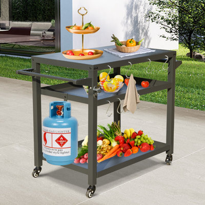 3-shelf Outdoor Grill Table With Wheels And Brakes - Rust-proof Metal Countertop, Pizza Oven Stand, And Bbq Food Prep Station With Propane Tank Hook