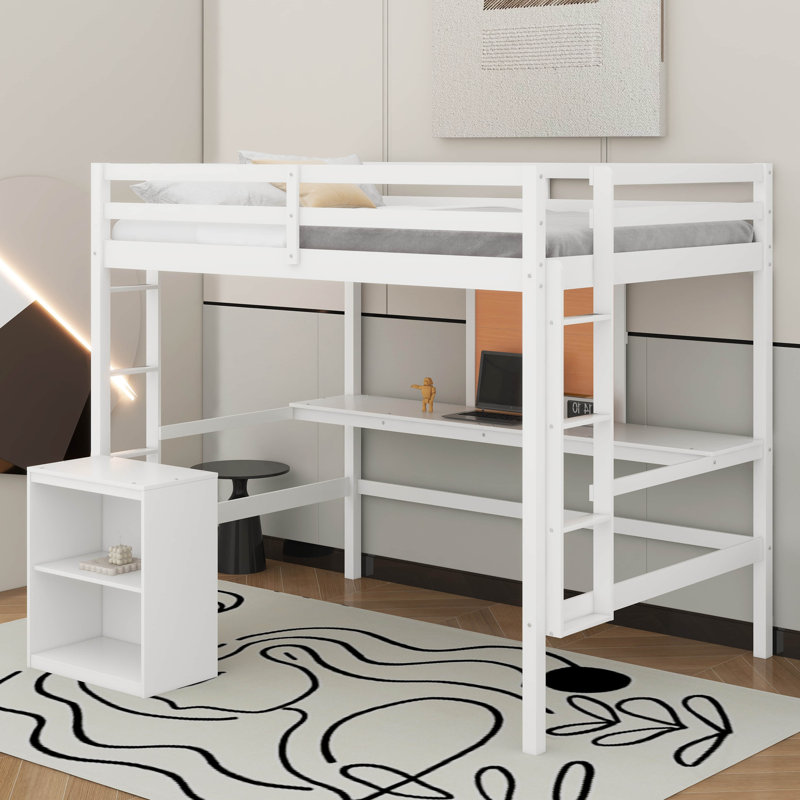 Lit mezzanine double avec bureau et tableau d'écriture, lit mezzanine en bois avec bureau et armoire, Blanc
