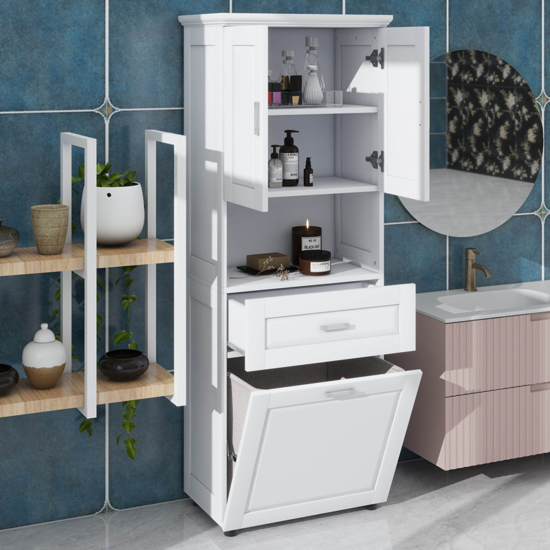 Tall Bathroom Cabinet With Tilt-Out Laundry Hamper Basket And Upper Storage,Storage Cabinet With Two Doors,Adjustable Shelf And Drawer