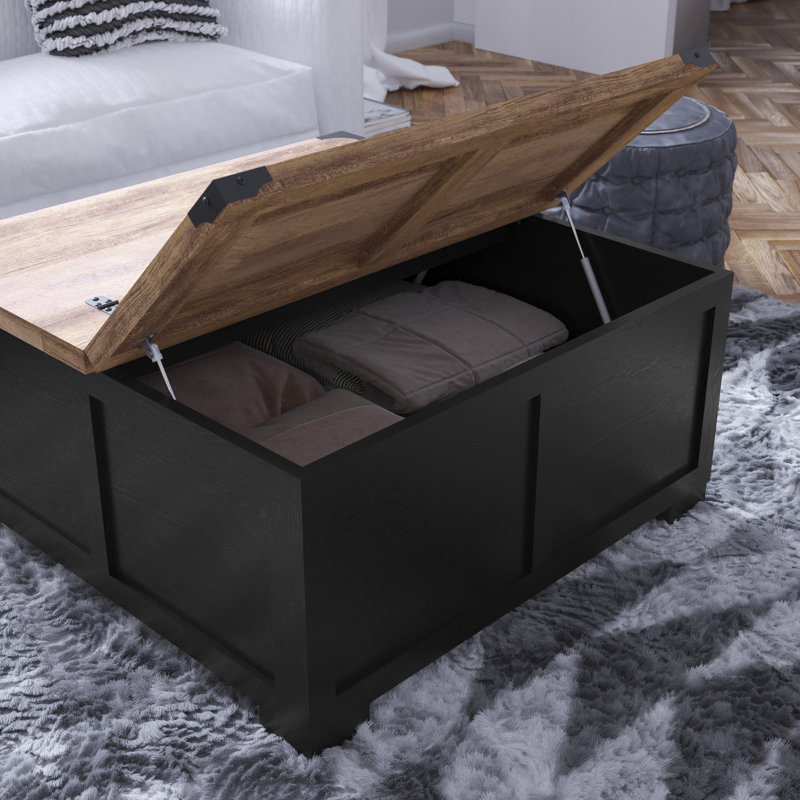 Modern Farmhouse Coffee Table with Hinged Lift Top and Storage, Black, Rustic Oak
