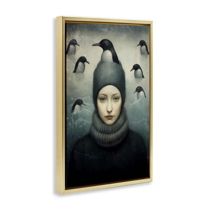 «Peeking Penguins & Woman», toile flottante encadrée par Paula Belle Flores, Cadre flottant métallique doré