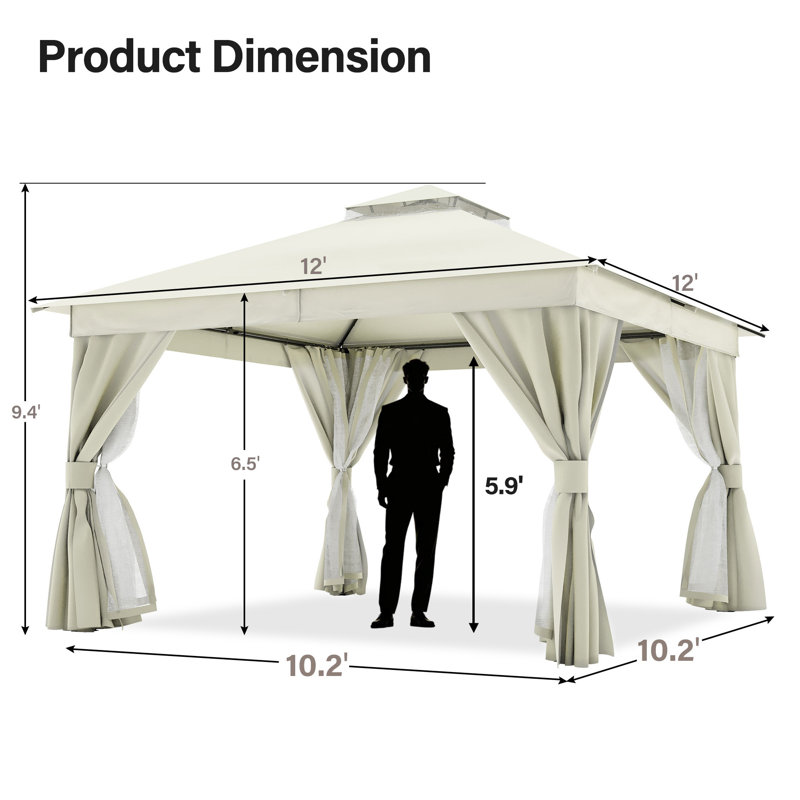 Yardgrace 12'x12' Soft-top Double-Roofed Steel Patio Gazebo, Cream