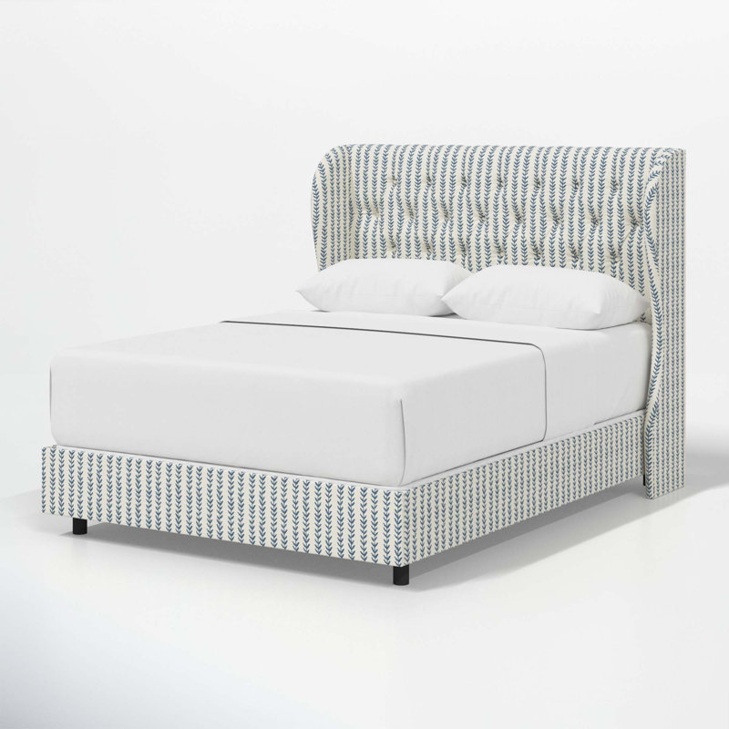 Tomey Upholstered Wingback Bed, King, Vine Stripe Dusty Blue