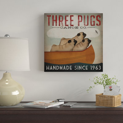 «Three Pugs in a Canoe» par Ryan Fowler, reproduction d'art graphique sur toile