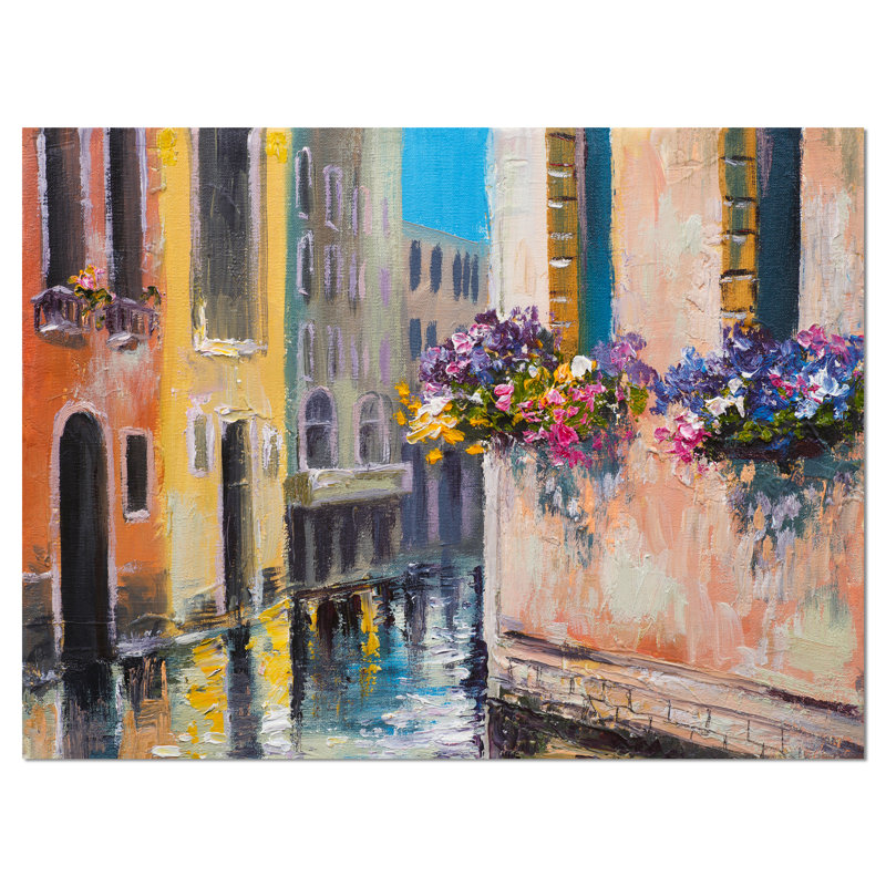 Canal in Venice with Flowers Cityscape - reproduction d'art sur toile tendue, H 30 po x l 40 po