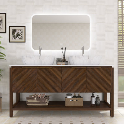 Freestanding Bathroom Vanity Plywood 4 Diag Doors Open Shelf 2 Marble Basins Carrara Top