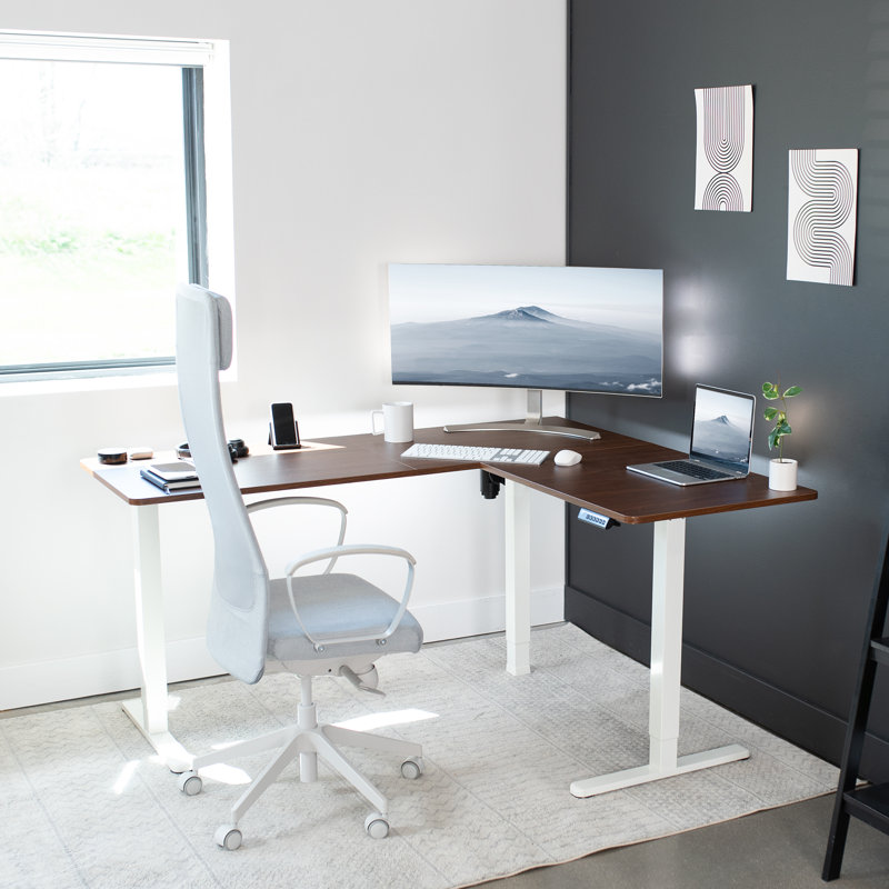 Dark Walnut and Black L-Shaped Adjustable Standing Desk with Keyboard Tray