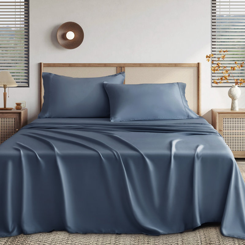 Ensemble de draps de luxe, 100% rayonne de bambou soyeuse, Ensemble de draps pour grand lit avec 2 taies d'or, Bleu ardoise