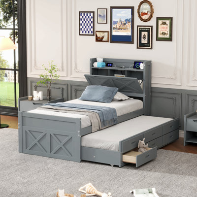 Lit en bois avec tête de lit avec prises de courant, lit extensible avec lit gigogne simple avec trois tiroirs de rangement