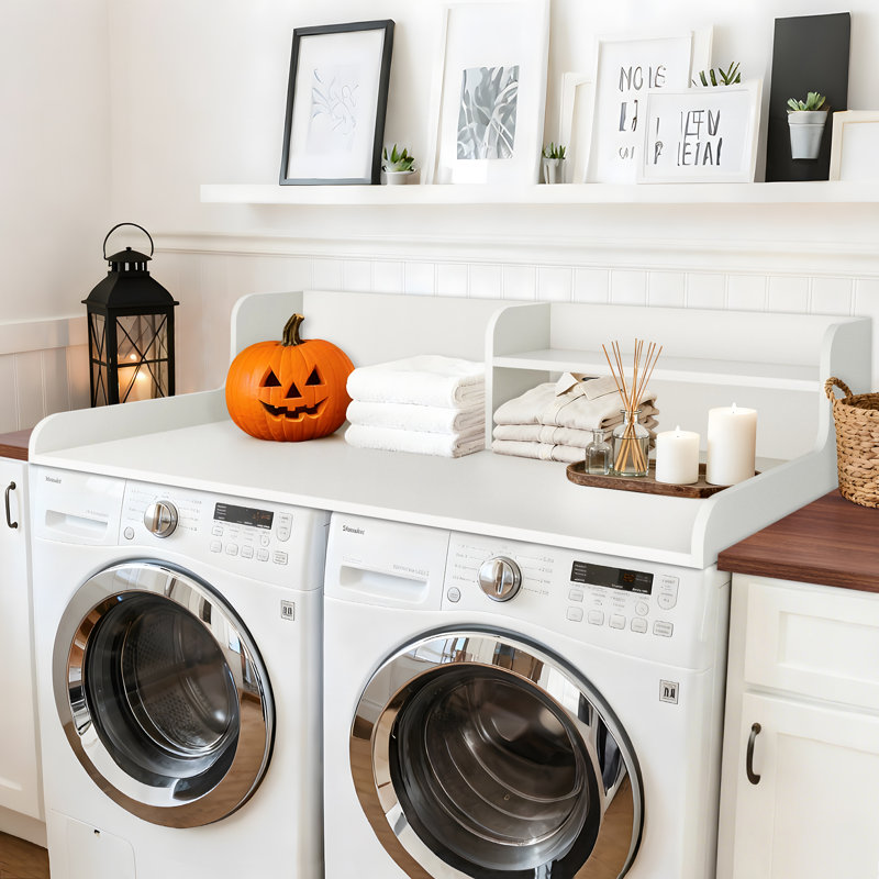 Kaboon 2-Tier Washer Dryer Countertop 58" W X 28" D X 12" H, Laundry Shelf Organizer, White, 12" H x 58" W x 28" D