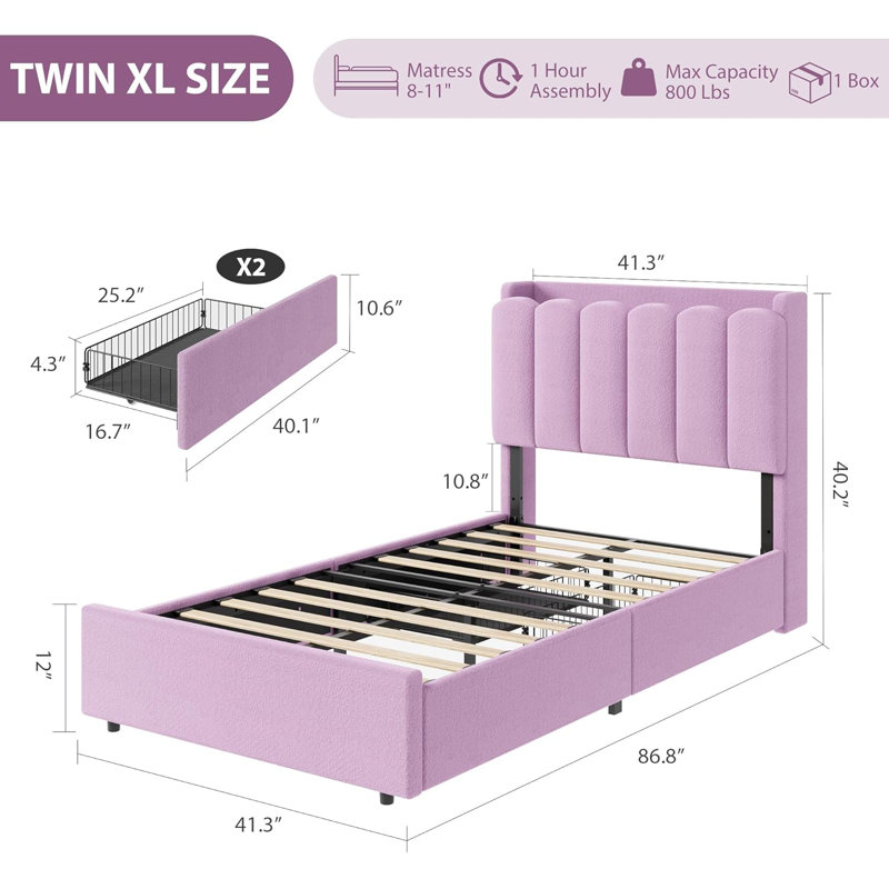 Lit plateforme simple tapissier TG avec tête de lit à DEL, tiroirs de rangement, tissu Boucle, mauve, Purple, Extra-long Twin