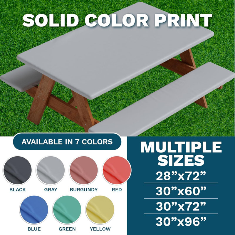Roudebush Picnic Table And Bench Fitted Tablecloth Cover, Solid Design, Flannel Backed Lining, 30 Inch, 3-Piece Set, Green