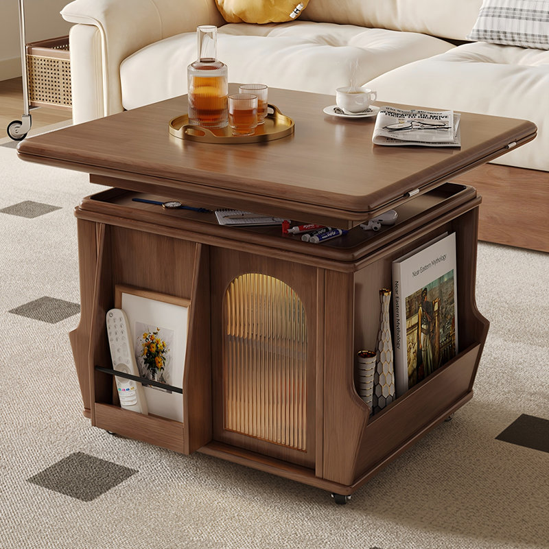 Table basse brune en bois d'hévéa massif vintage avec roulettes, plateau de table réglable en hauteur pliable