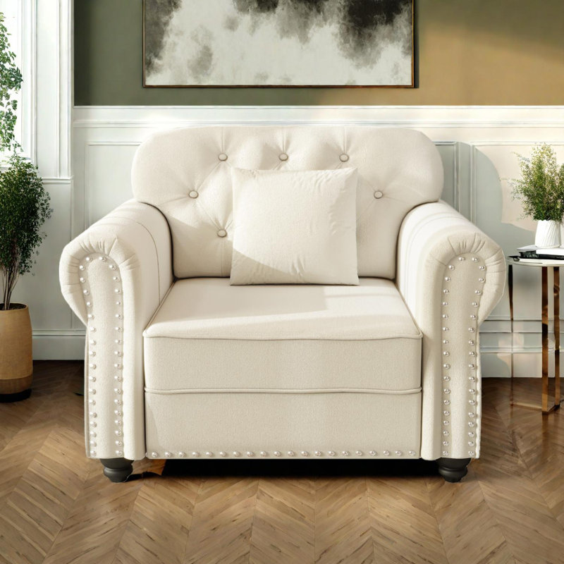 Canapé Chesterfield rembourré en velours avec garniture cloutée, Beige
