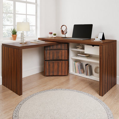 90" Modern L-Shaped Desk Walnut with 3 Drawers, 360° Rotating Corner Desk, Executive Office Desk with Melamine Finish, Adjustable Workstation for Home Office or Living Room