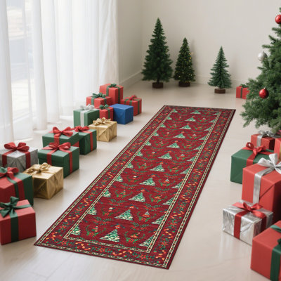 Tapis de Noël, motif de sapin festif, lavable, antidérapant, à poils courts, idéal pour le salon, la chambre ou l'entrée.