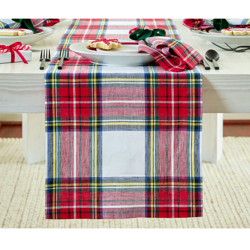 Stewart Plaid - 100% Pure Linen Christmas Table Runner, Red/White, 90" x 14"