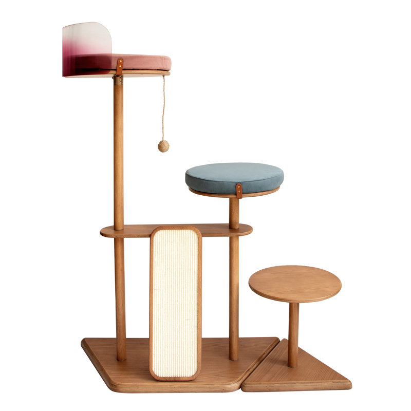 Modern Cat Tree with Acrylic Pod, Oak Veneer & Solid Rubberwood Posts, Multi-Level Scratching Post Tower for Indoor Cats
