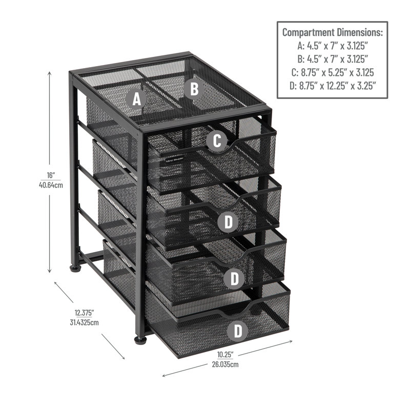 Compact Black Metal Mesh 4-Drawer Cabinet Organizer
