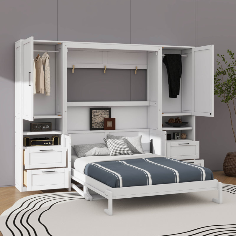Lit escamotable mural avec placard, tiroirs et tablettes Murphy, Double / double, Blanc