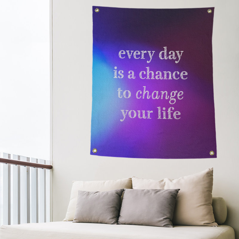 Tapisserie en polyester changer votre citation vie, H 80 po x l 59 po, Bleu / Mauve