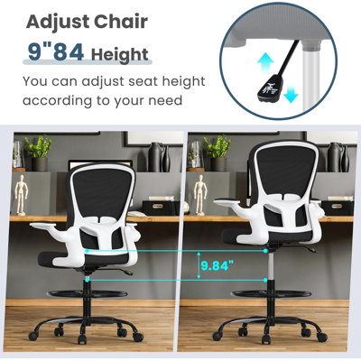 Chaise de dessinateur - Chaise de bureau ergonomique haute avec accoudoirs rabattables, soutien lombaire, repose-pieds réglable (idéal pour les bureaux debout)