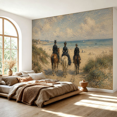 Wall Mural Peel and Stick Wallpaper Victorian Era Beach Outing Three Horse Riders Sandy Self-Adhesive Removable Contact Paper Wall Decor for Living Room Bedroom 69"H x 96"W