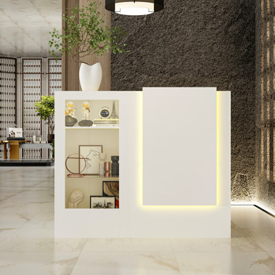 120cm White Corner Reception Desk with 3 Lit Glass Shelves & USB LED 