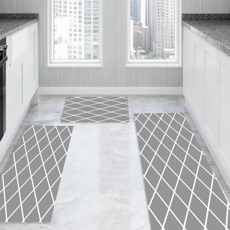 Machine Washable Non-SlipKitchen Mat(Set of 3), Gray Geometric