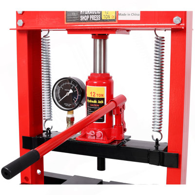 12Ton Bottle Jack Shop Press With Gauge, Bend, Straighten, Or Press Parts, Install Bearings, U-Joints, Bushings, Ball Joints, And Pulleys,RED