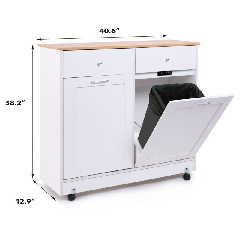 10-Gallon Double Tilt Trash Cabinet With 2 Drawers, Trash Cabinet With Storage On Wheels, White