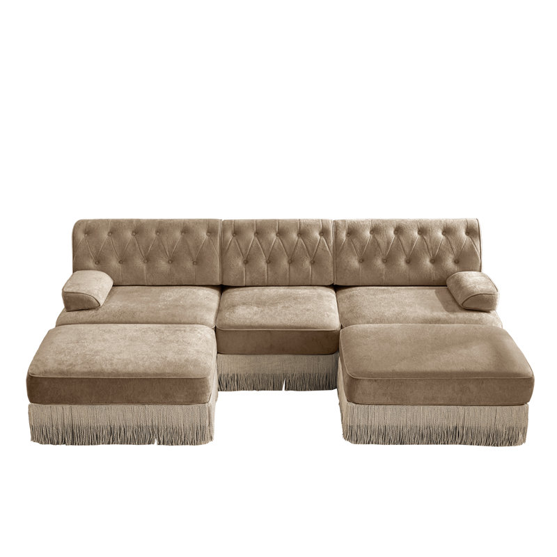 U-shaped, breathable, comfortable fringe-trimmed sofa, 34.2" H x 106.1" W x 60.3" D, Camel Velvet