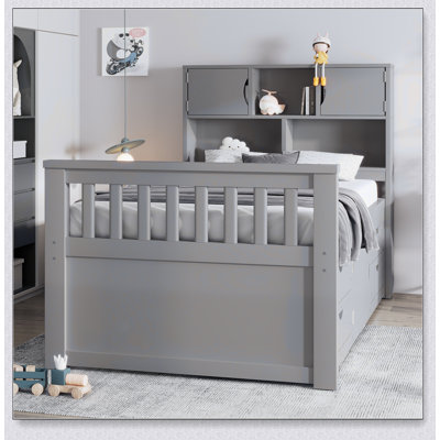 Captain Platform Bed Frame With Storage Bookcases And Shelves,Four Drawers
