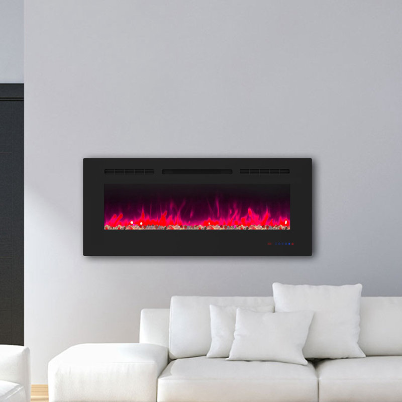 Insertion de foyer électrique 42 "/ 50" / 60 "/ 72" avec décor en cristal, foyer mural pour salon, minuterie, protection contre la surchauffe, télécommande, noir