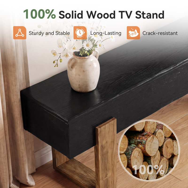 63 Inch Solid Wood TV Stand, Black, Black