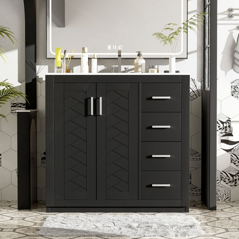 Ensemble de meuble-lavabo 36 po avec lavabo en céramique, armoire de rangement en bois massif, ensemble de meuble-lavabo autoportant avec 3 tiroirs et portes à fermeture douce