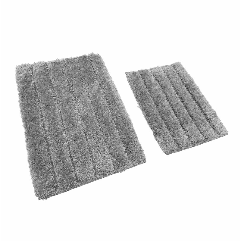 2 Piece Bath Mat Set - Ivory Solid Striped Bathroom Mat Soft Plush Thick, Argent