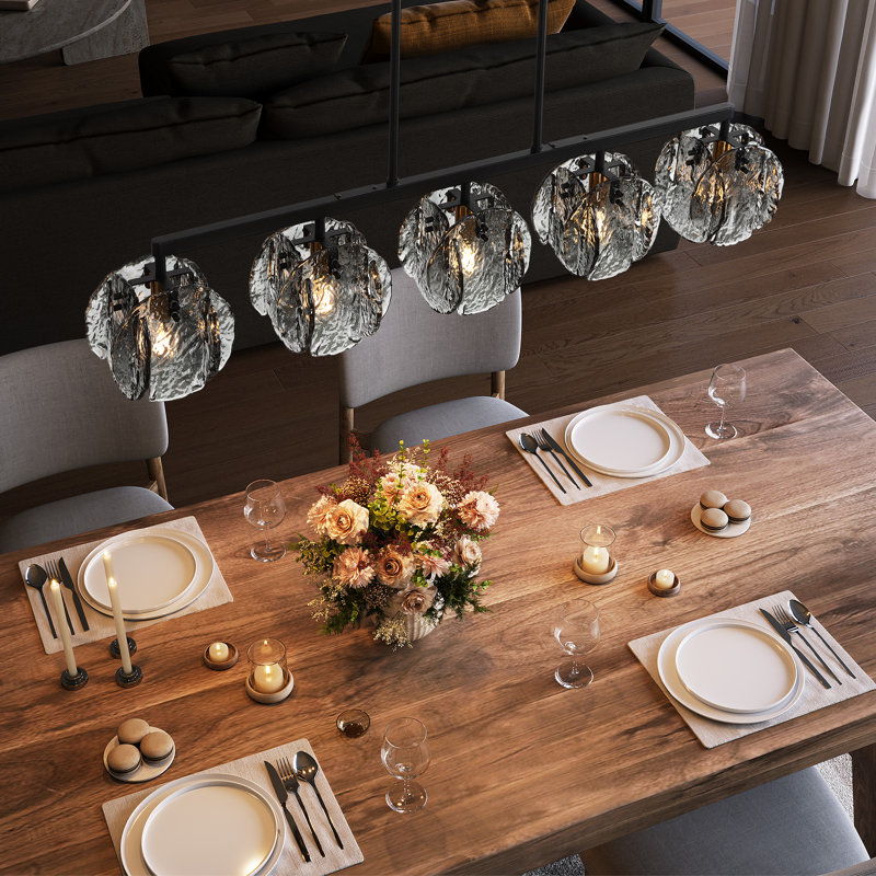 5-light Linear Chandelier With Hand-blown Smoke Gray Glass Shades, Adjustable Kitchen Island Light, Dimmable
